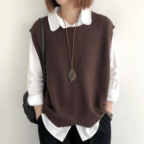 Strikket vest for kvinner O-hals Hem Varm Ensfarge Bølget Myk Løs Uformell Dame Vest Ermeløs Topp