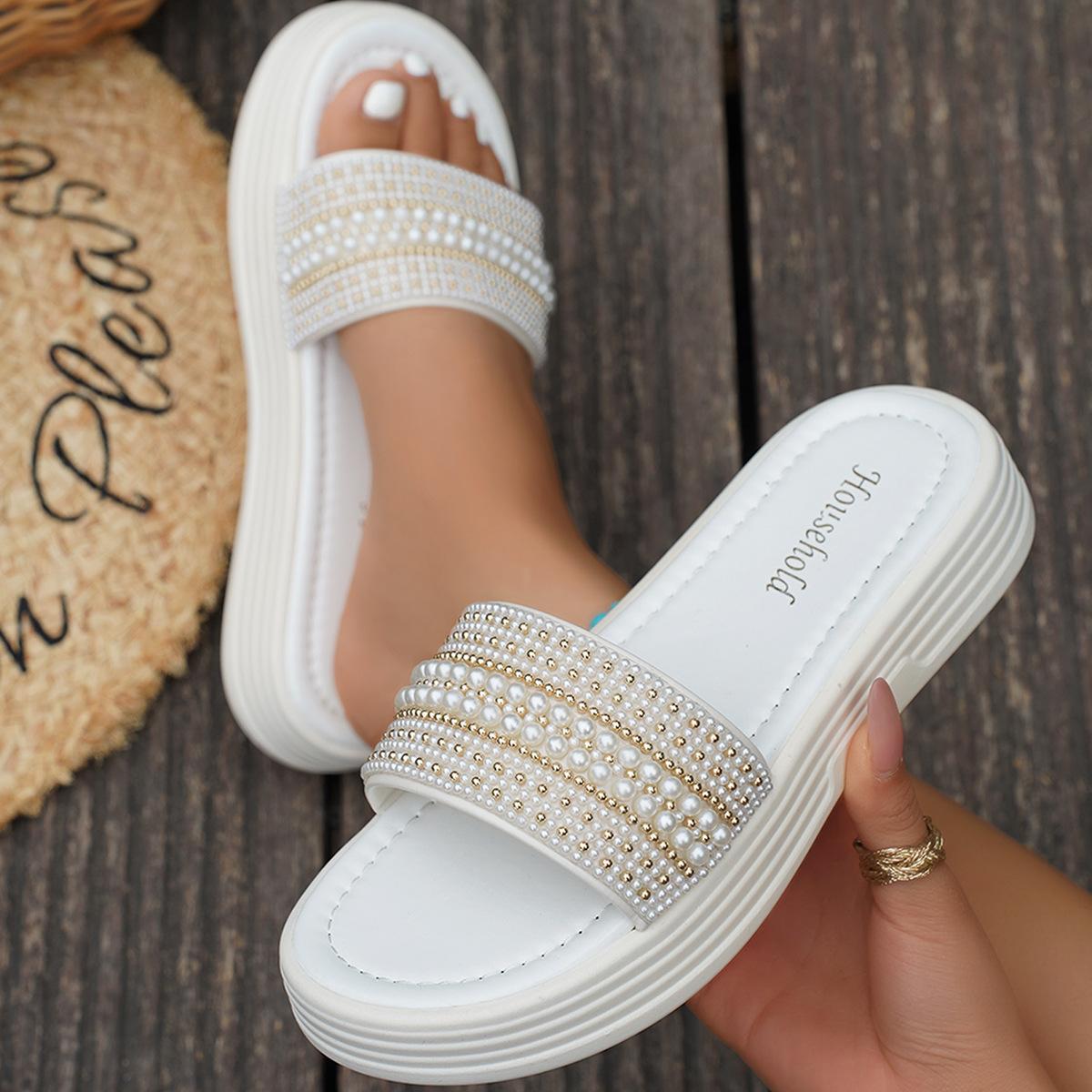 

Fashion Xiaoxiangfeng one-word pearl slippers women s 2025 new square head large size flat bottom slippers casual beach slippers 43 білий