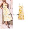 Summer Clothing New Women Clothes Mid-Length Yellow Rose Print Sling Vacation Travel Dress 87009083