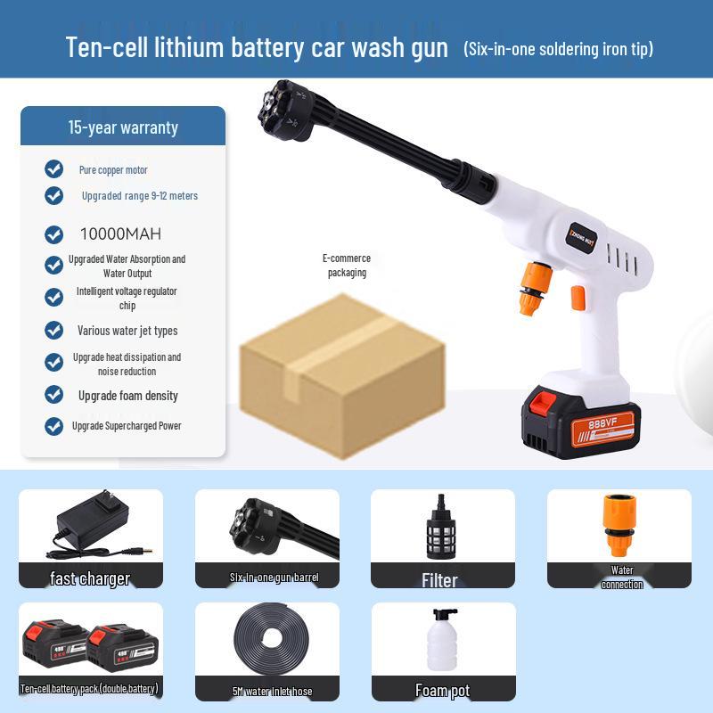 Portable Wireless Lithium Battery Car Washer: 10-Setting High-Pressure Water Gun with Six-in-One Head