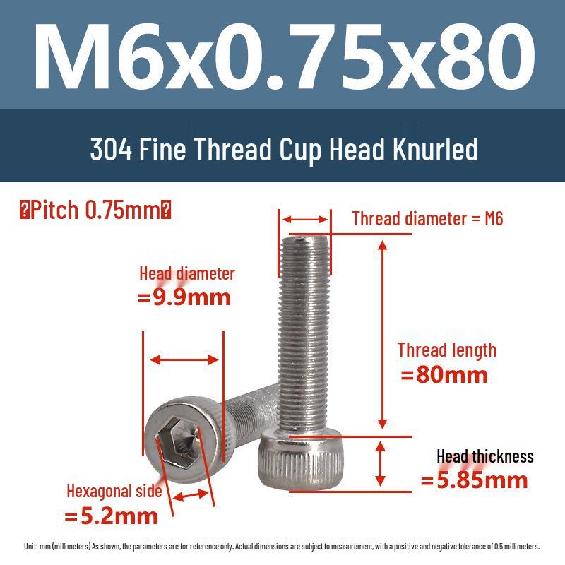 Yigu Fine Thread Knurled Socket Head Screws, 304 Stainless Steel, M3-M12