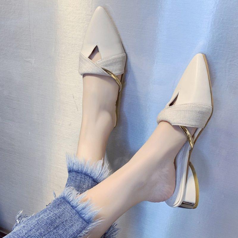 

2025 summer new pointed head bag head low heel slippers women s Korean version thick heel fashion casual cool slippers outer wear 35