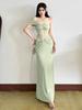 Sexy Design Slanted Shoulder Dress Summer New Hollow Lace Splicing Pleated Waist and Hip Long Dress