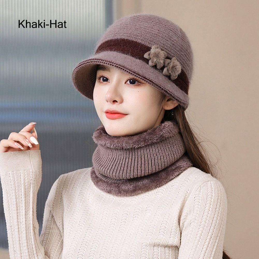 Outdoor Elderly Middle Aged Winter Beanie Hat Scarf Fleece Lining Warm Knit Bucket Hat Windproof Hat Scarf Set for Women