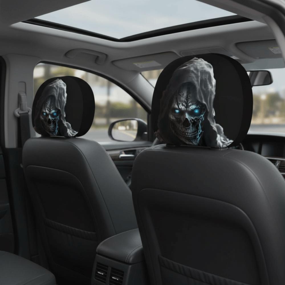 1pair Elastic Fabric Skull Headrest Cover Universal Fit Halloween Auto Slipcover Punk Drivers