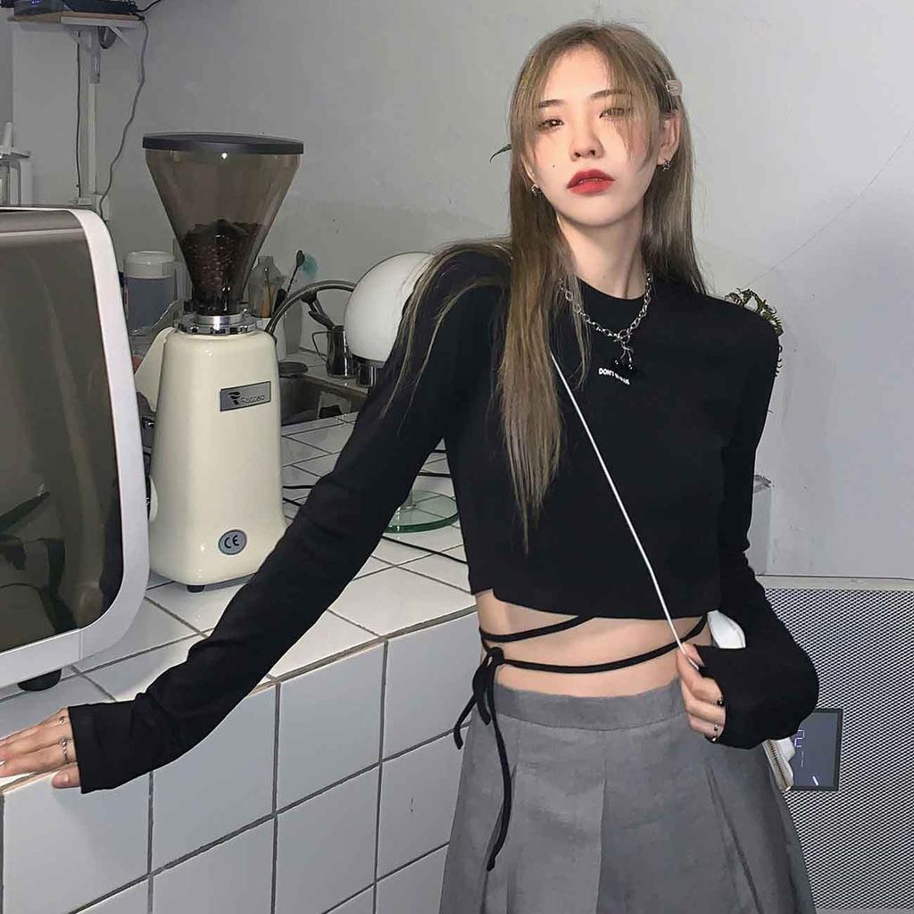 Langarm T-shirts Frauen Design Sexy Crop Ins Verbreitet Verband Tops Harajuku Ulzzang Straße Frühling Weibliche Ropa Hot Dünne Neue