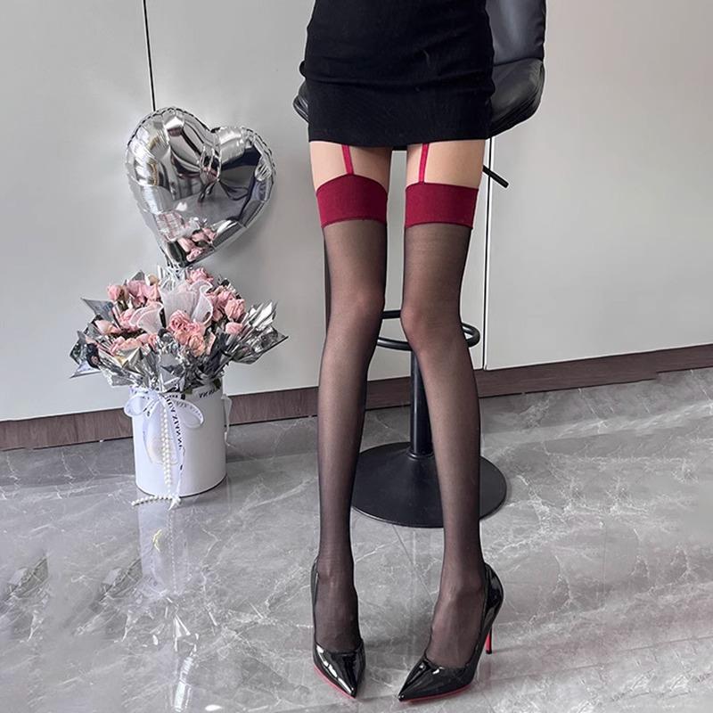 Sexy Jk Hot Girl Red-edged Over-the-knee Black Stockings for Women, Thin Style for Spring and Summer, Popular Online, Pure and Alluring, with