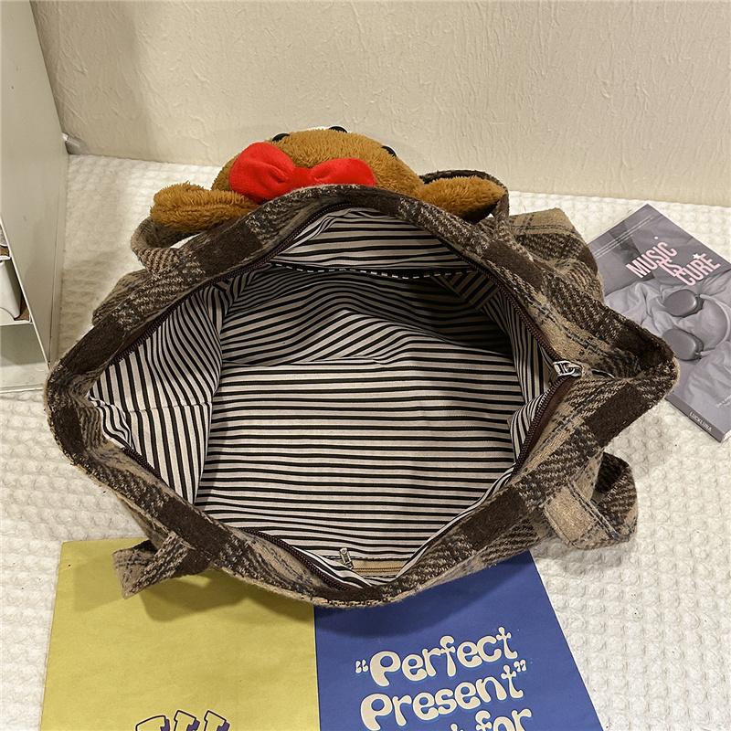 Bear Shoulder Bag Women's Bag Vintage Plaid Tote Bag
