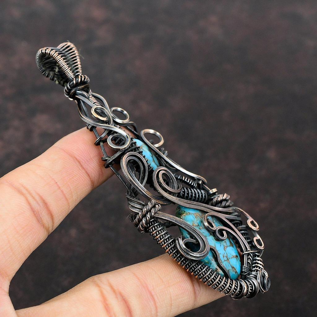 Copper Blue Turquoise Pendant Copper Wire Wrapped Jewelry Natural Gemstone Jewelry Wrapped Pendant For Gift Handmade Jewelry Copper Pendant