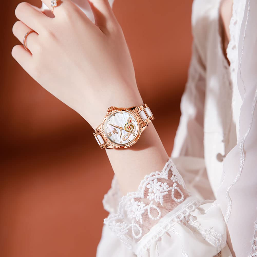 OLEVS Mechanical Automatic Pink Gold Stainless White Watch Women's Wristwatch, Winding, Ceramic, Crystal, Waterproof, Steel,