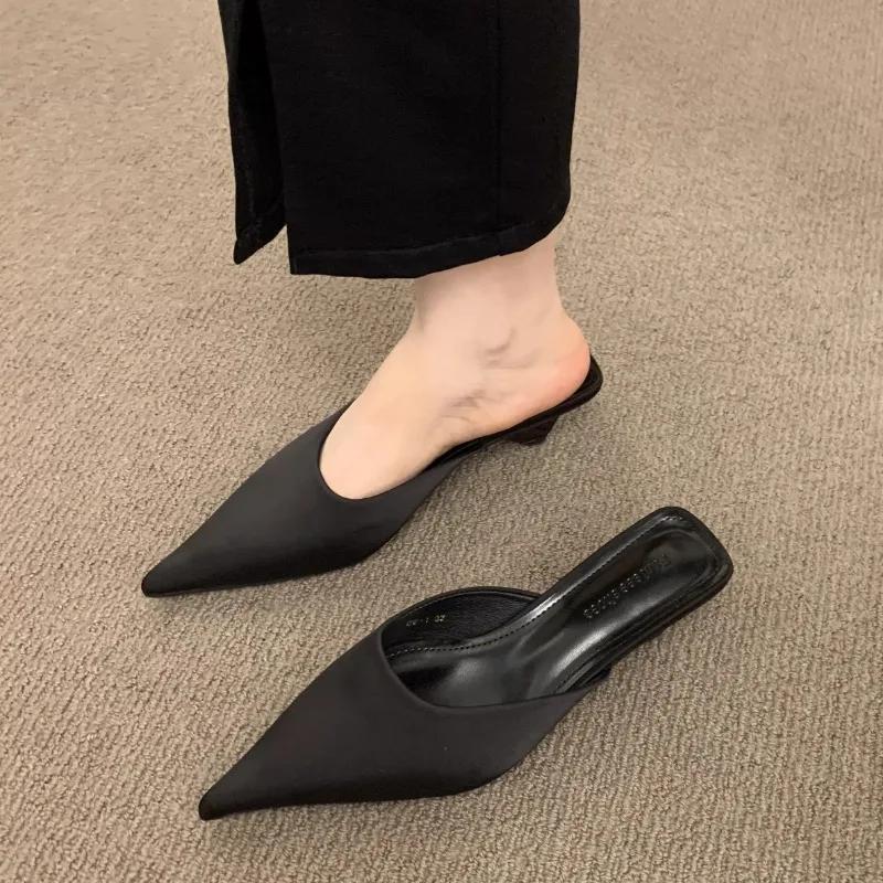 Summer Pointed Toe Heeled Shoes for Women New Fashion Slip on Women's Closed Toe Slippers Outdoor Drsss Party Pumps Women Mules