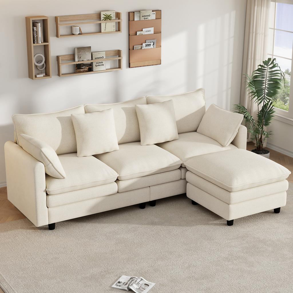 L-Shaped Corner Sofa with 4 Cushions and 3 Backrests, 3-Seater Sofa with Chaise Longue, Capacity Up To 120 Kg, Living Room Sofa 212×150×90 Cm, Beige