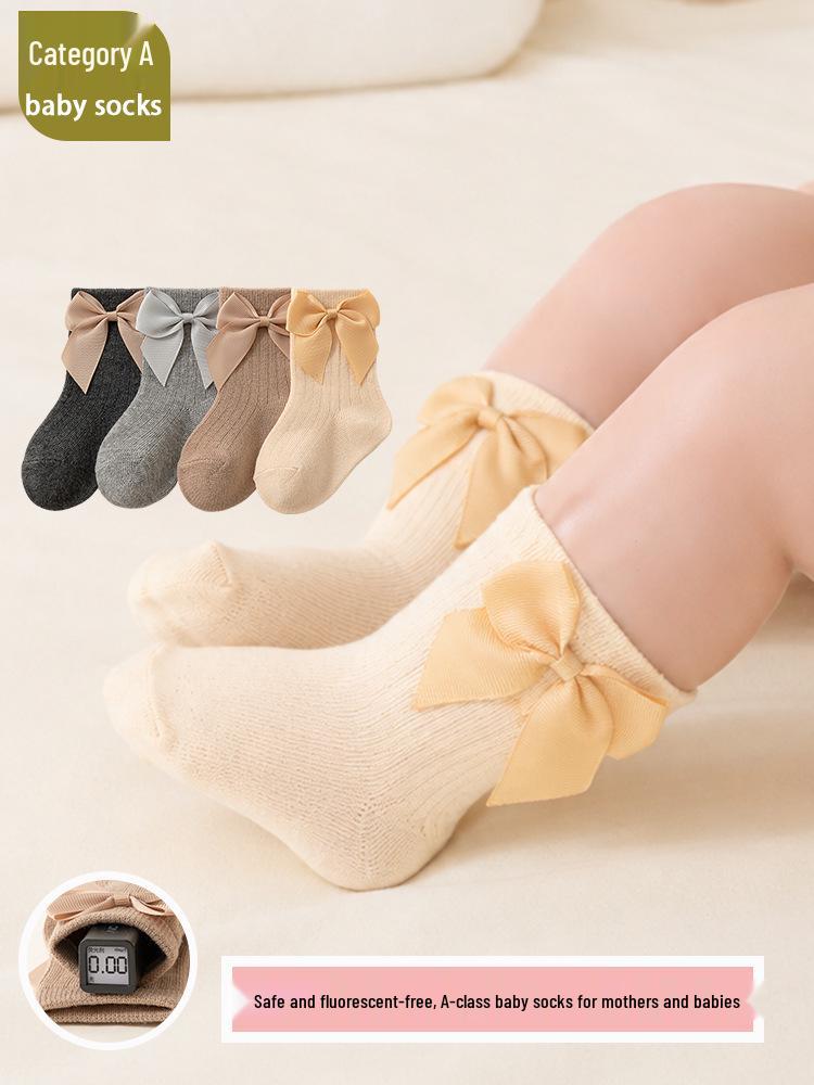 Korean Style Combed Cotton Baby Socks, Spring & Autumn, Bow Knot Design, Loose Cuff, Mid-Calf Length