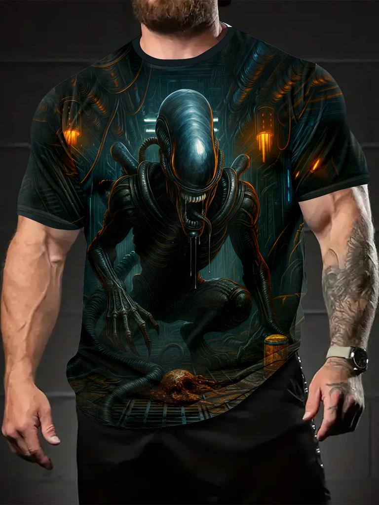 2026 New Men'S 3D Print Short Sleeve T-Shirt, Alien Lifeform Theme Design, Sci-Fi Style Summer Breathable Top, Casual Fashion Outdoor Athletic Wear,