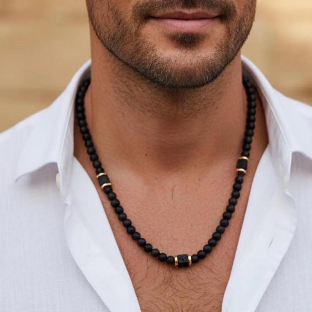 Men's Volcanic Stone Black Agate Hip Hop Necklace - European & American Trendy Handmade Beaded Accessory