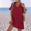 Women V Neck Short Sleeve Waffle Knit Dress Casual Loose Pocket Mini Sundress Solid Color Summer Beach Dress