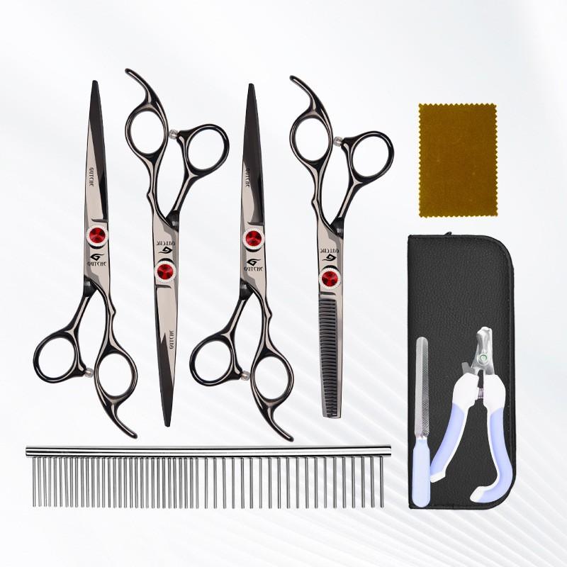Professional Pet Grooming Scissors Set Dogs Cats Stainless Steel 7 Inch Flat Tooth Curved Tip With Comb Cloth Case