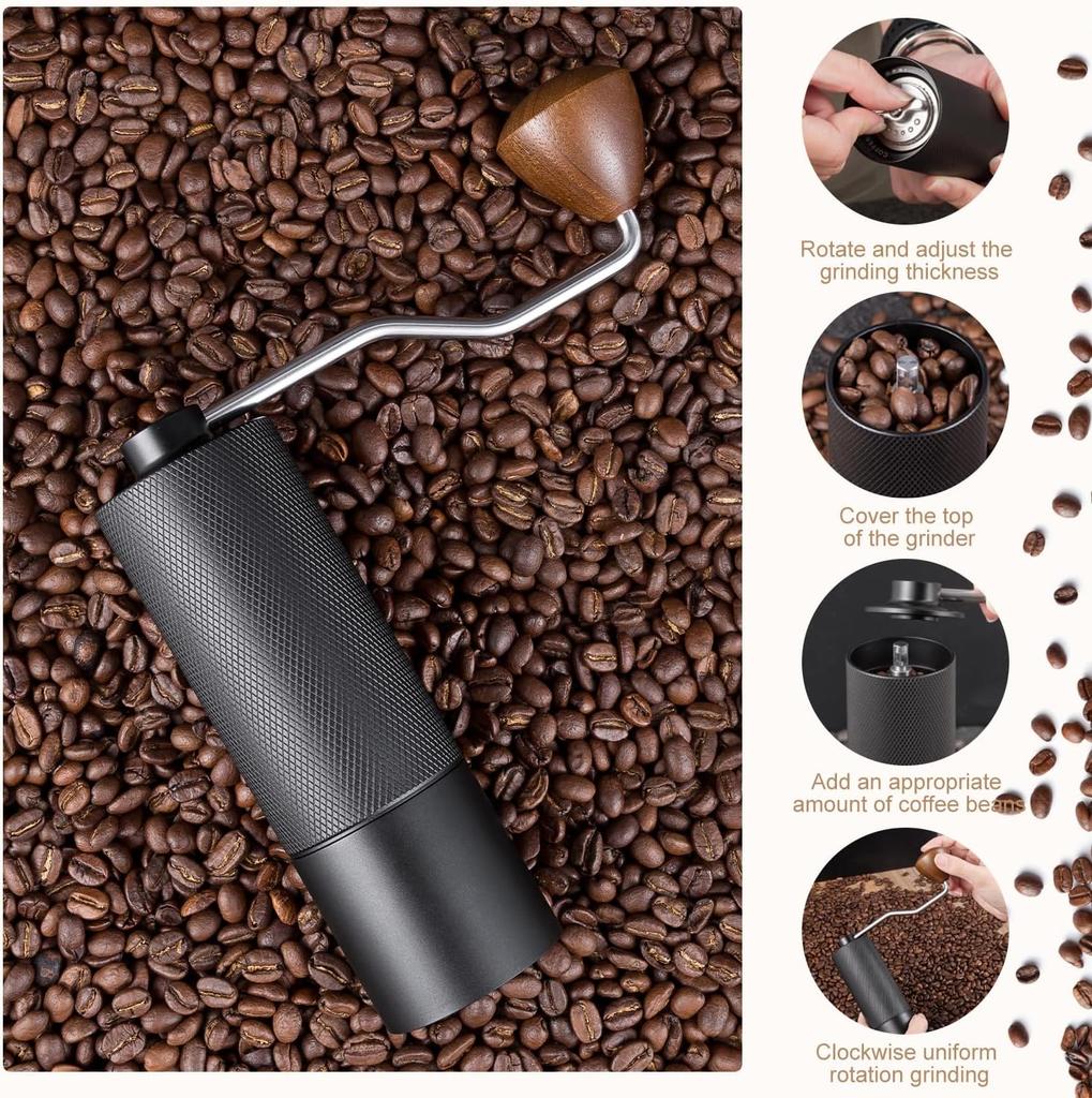 Manual Coffee Grinder Stainless Steel Tapered Burrs - Wooden Handle - Adjustable Internal Settings Dual Bearing Positioning