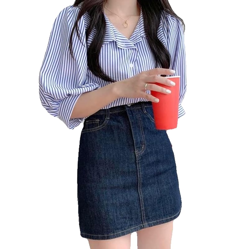 

[KOREARU] striped shirt ladies blouse knit vest set up knit setup sweater frills South Korea spring summer fall winter korean fashion (blue)
