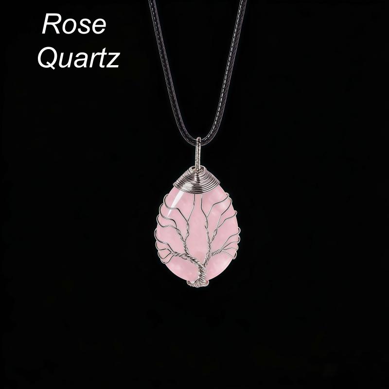 Custom Logo Natural Crystal Tree of Life Pendant Water Drop Healing Stone Handmade Wire Wrapped Necklace