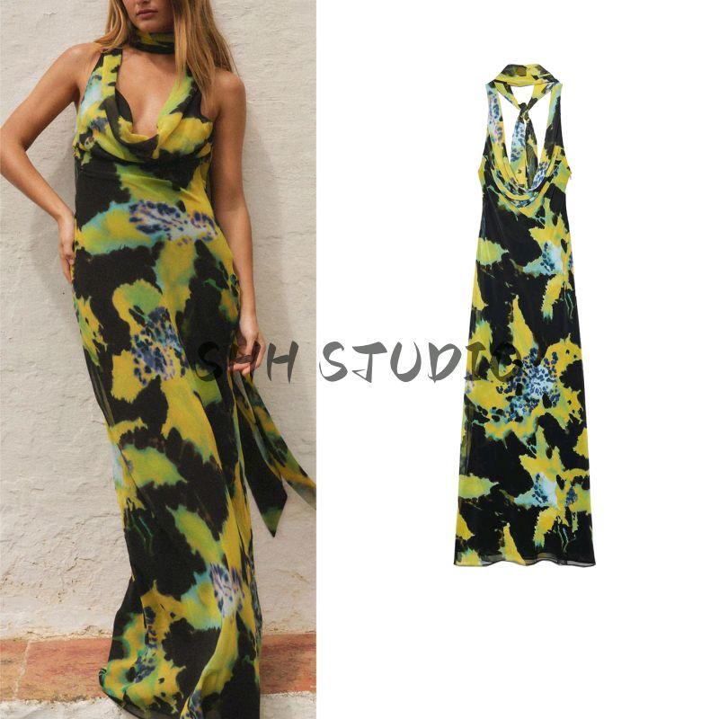 Summer New Product Women's Clothes Sexy Style Pleated Draped Collar Sleeveless Thin Scarf Decoration Print Length Dress 3323308