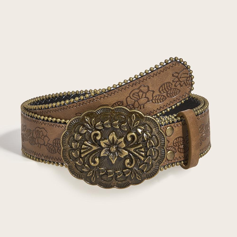 Vintage Cowboy Waistband Jeans Decor Flower PU Hollow Belt Cowgirl Buckle Belt Waist Accessories
