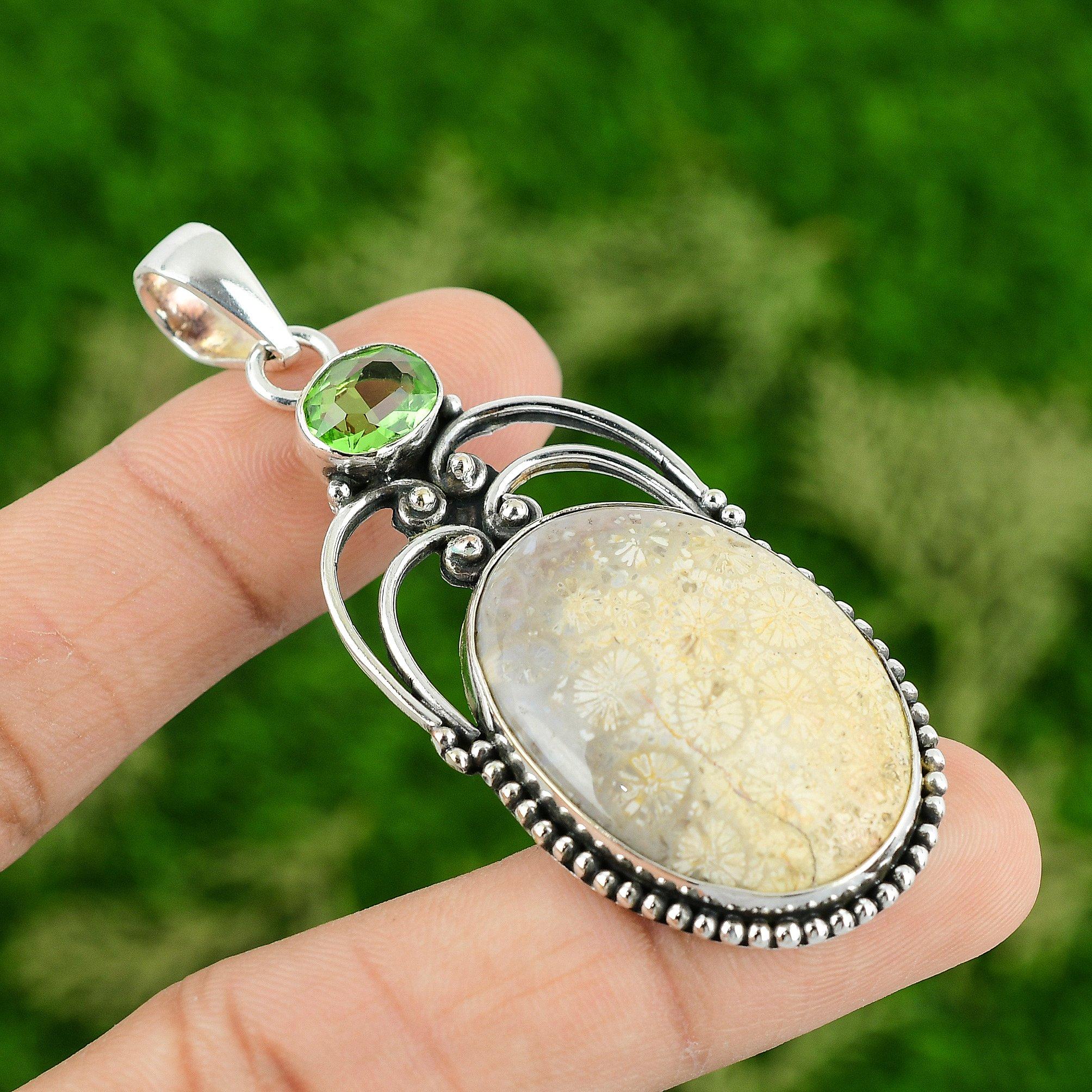

Daughters Day Deal 925 Silver Fossil Coral Stone Peridot Handmade Trendy Pendant