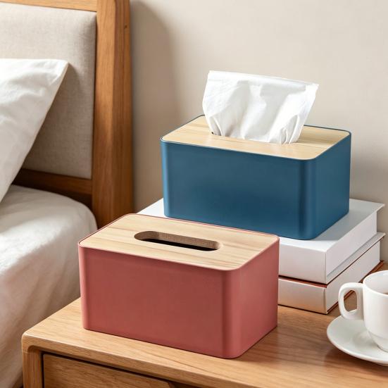 Tissue Box with Solid Wood Lid, Waterproof Design, Long Paper Opening Tissue Dispenser for Home Office