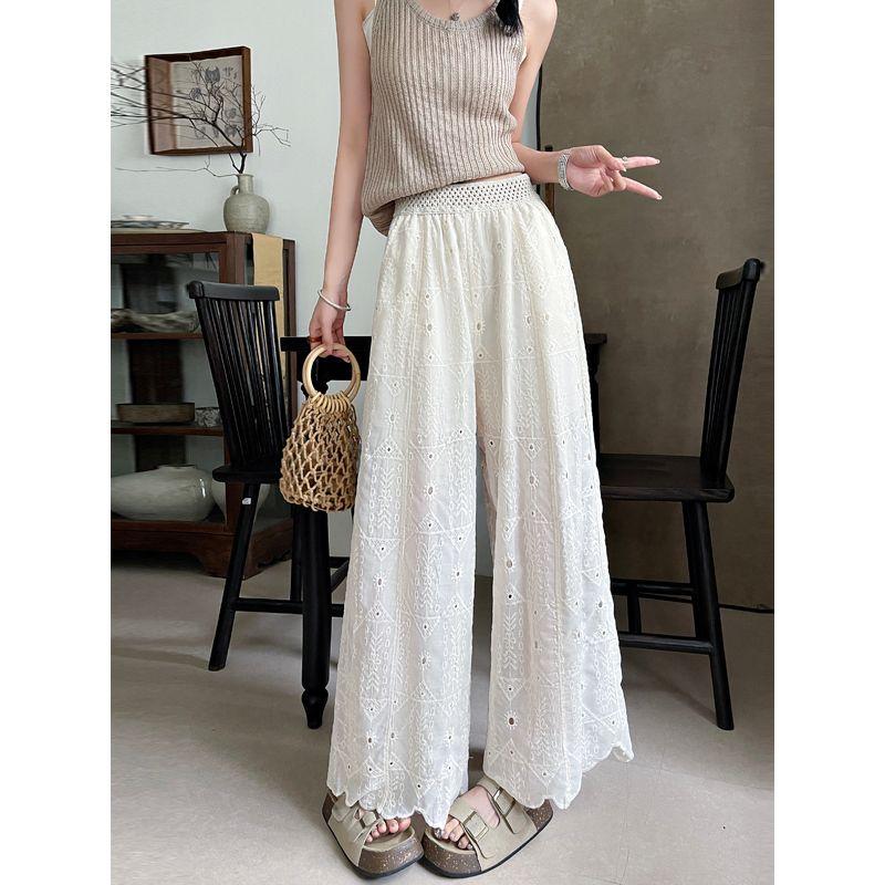 Korean Style Lady's Small New Heavy-Duty Embroidery Stitched Pattern Hollow Lace Straight Pocket Anti-Wrinkle Wide-Leg Cropped Pants