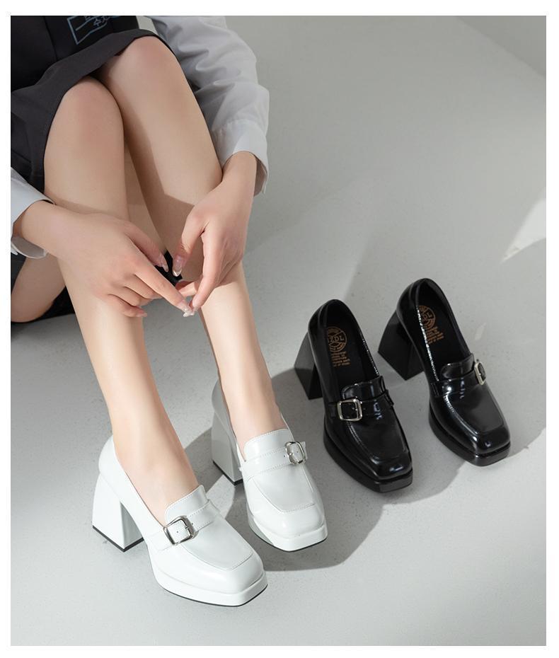 Role square head retro loafers women's spring 2025 new thick heel niche high heel French belt buckle women's single shoes