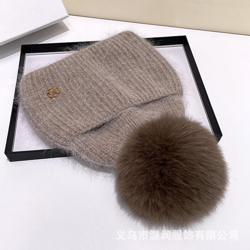 Bestseller M Logo Beanie Hat Women Winter Warm Faux Fox Fur Pom Knit Wooly Cap Slouchy Pull-On