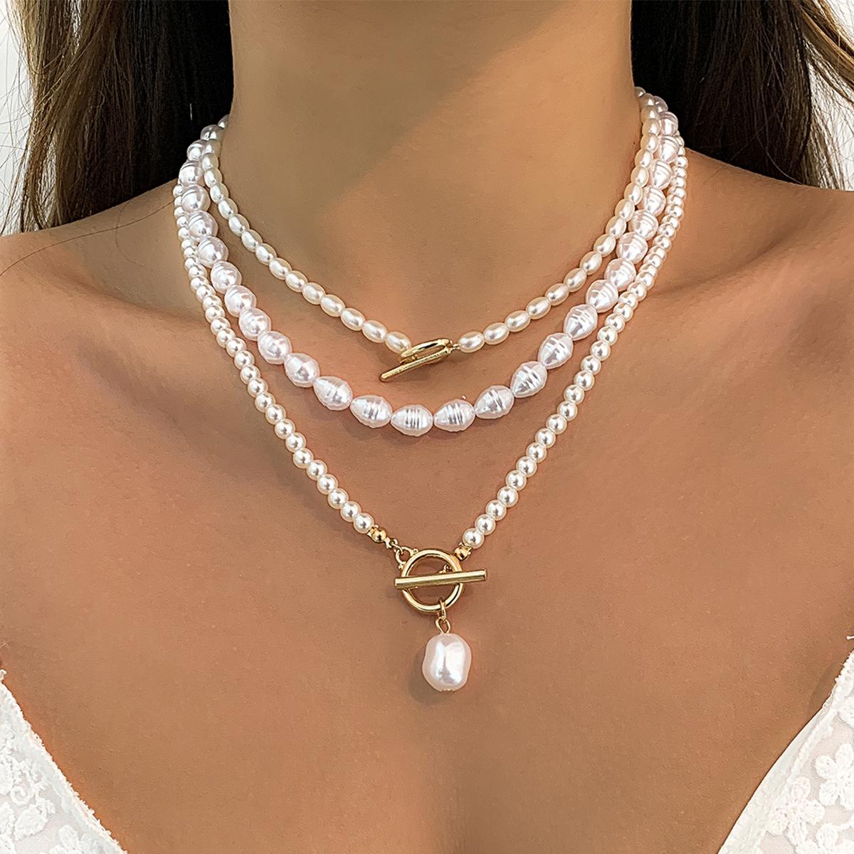 

3Pcs/Set Elegant Vintage Imitation-Pearl Love Heart Pendant Necklace for Women Punk OT Buckle Bead Chain Choker Wedding Jewelry