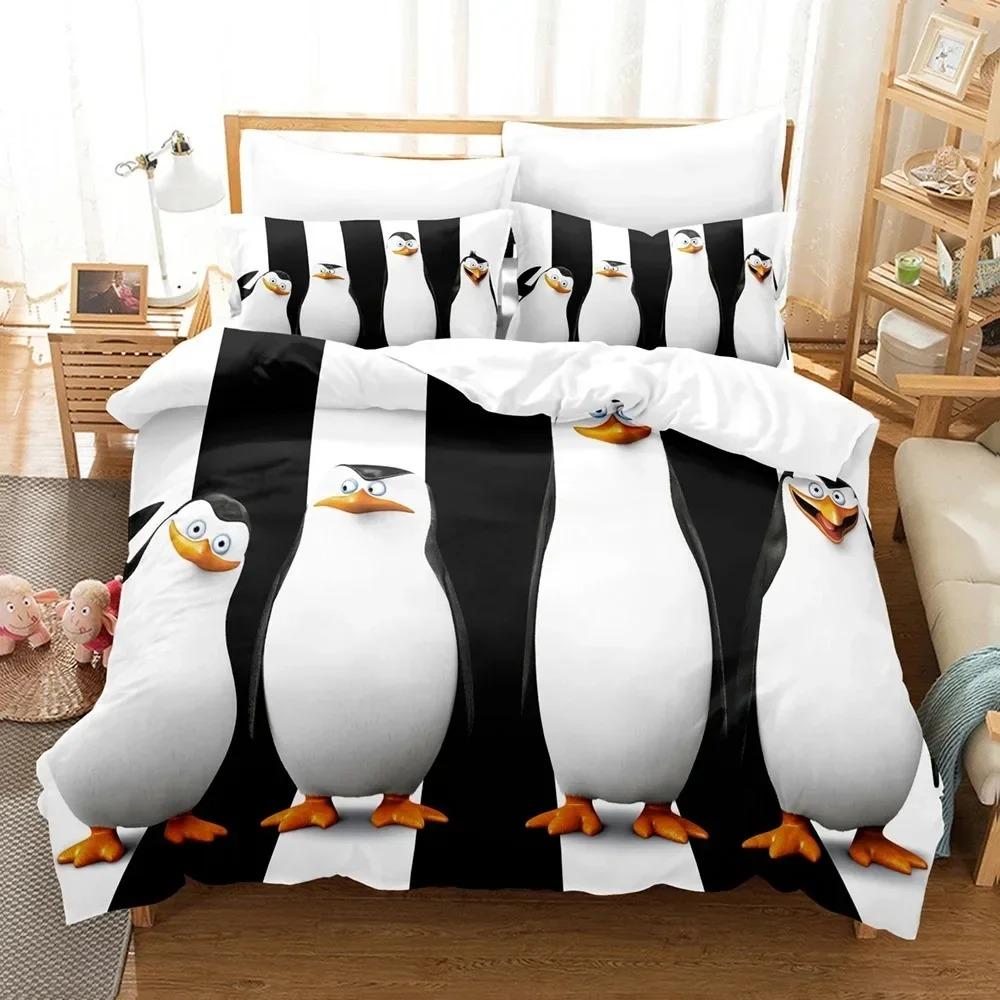 Zestaw pościeli z motywem pingwina z Madagaskaru dla chłopców i dziewcząt, podwójny rozmiar Queen, poszewka na kołdrę, poszewka na poduszkę, łóżko dla dzieci, dorosłych, tekstylia domowe, extile