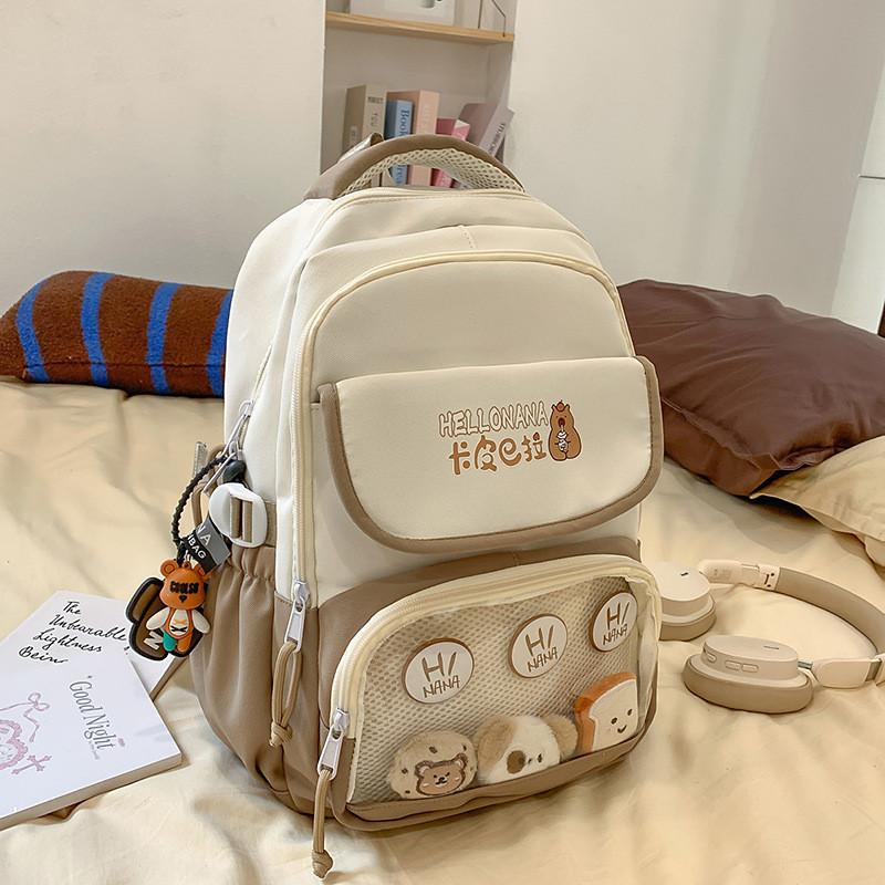 Capybara Color Blocked Letter Print Student Backpack With Pendant Badge And