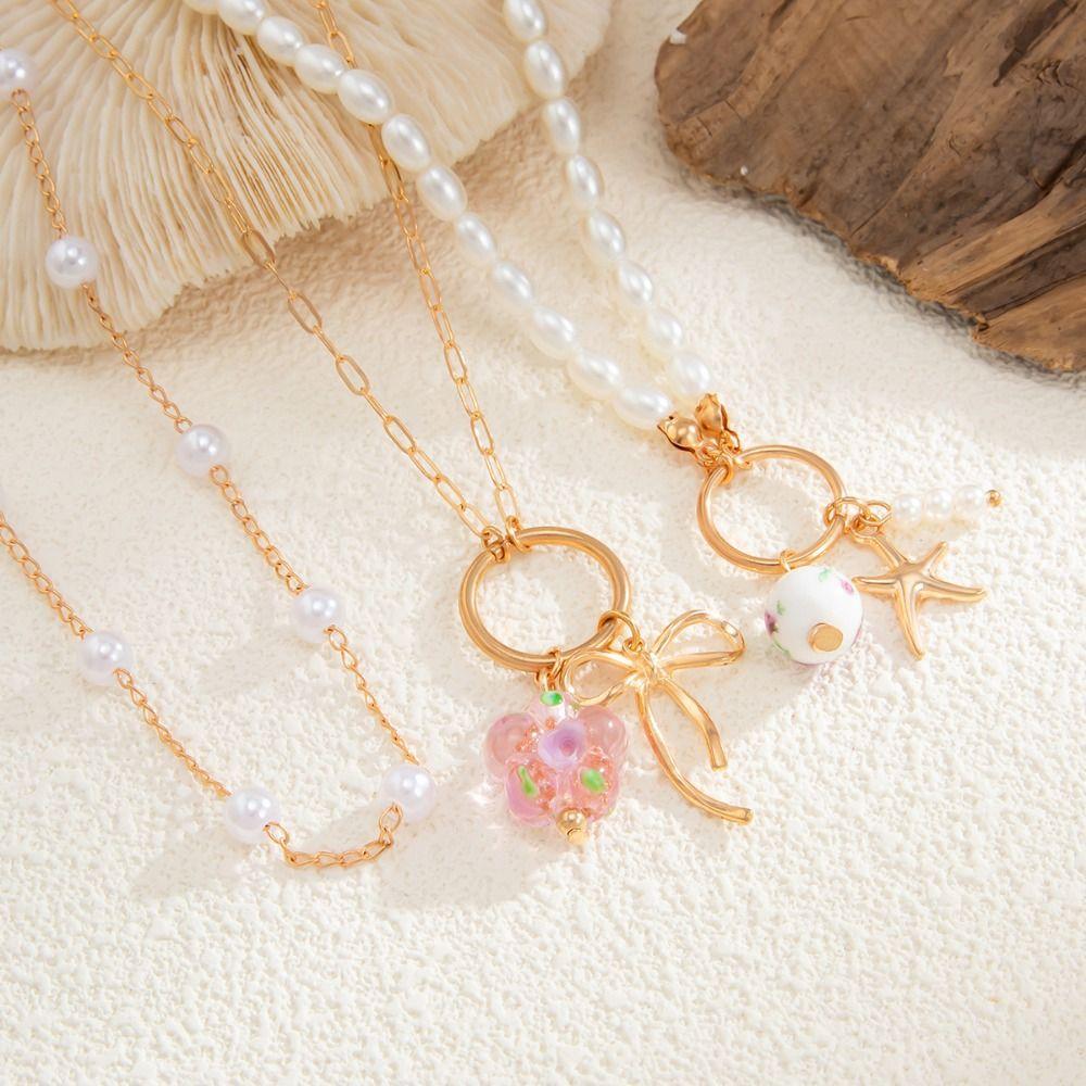 3pcs/set Trendy Multilayer Pearl Necklace Bohemian Style Starfish Choker Conch Clavicle Chain  Women