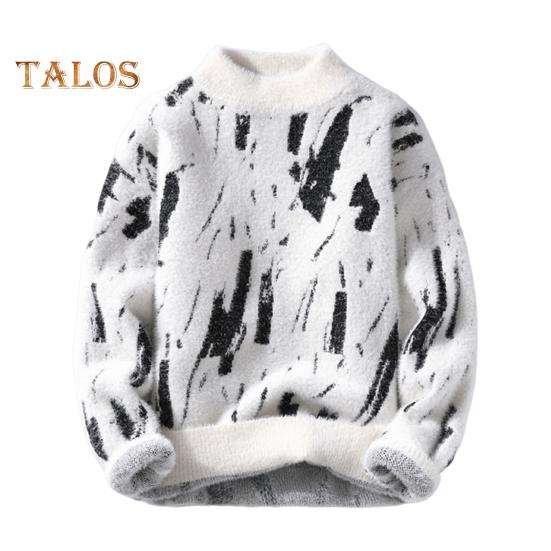 

Мужской зимний свитер контрастного цвета с граффити, толстый плюш, полувысокий воротник, эластичный трикотаж, длинные рукава, повседневная одежда, свитер для школы и свиданий XL белый