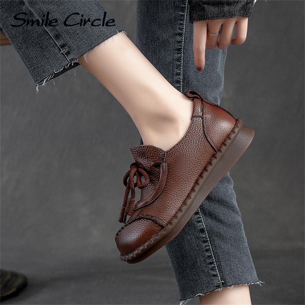Chaussures plates en cuir naturel pour femmes, chaussures basses décontractées à lacets, chaussures de travail rétro à la mode pour femmes
