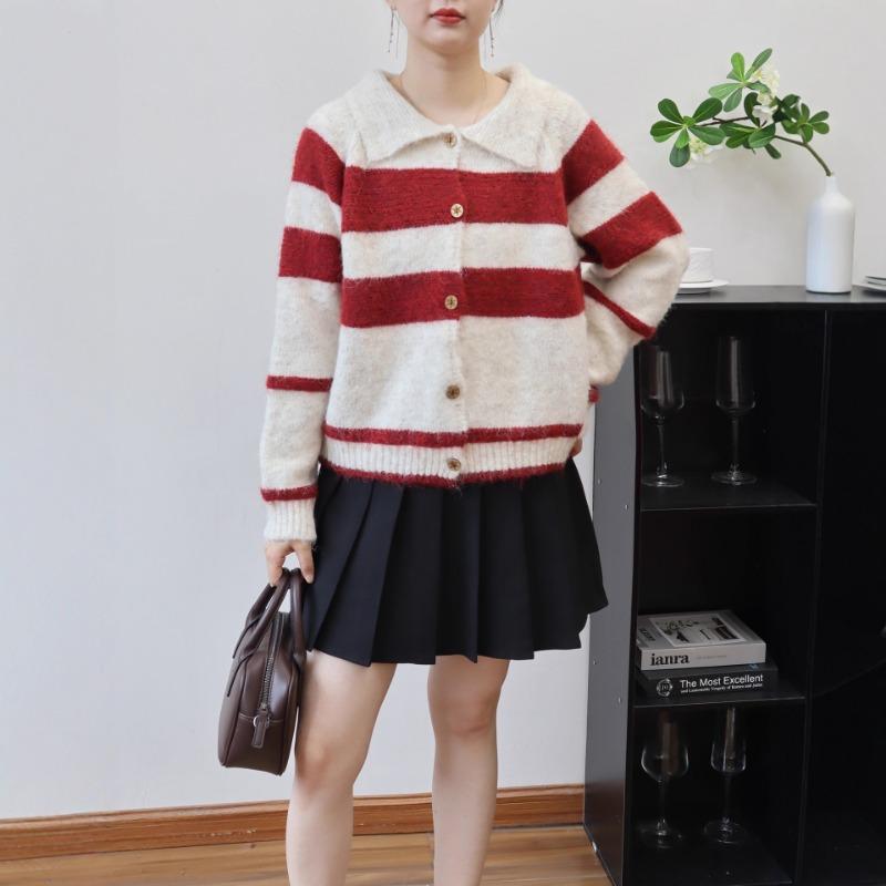 Contrasting striped lapel knitted cardigan autumn and winter new short loose lazy soft waxy sweater jacket women