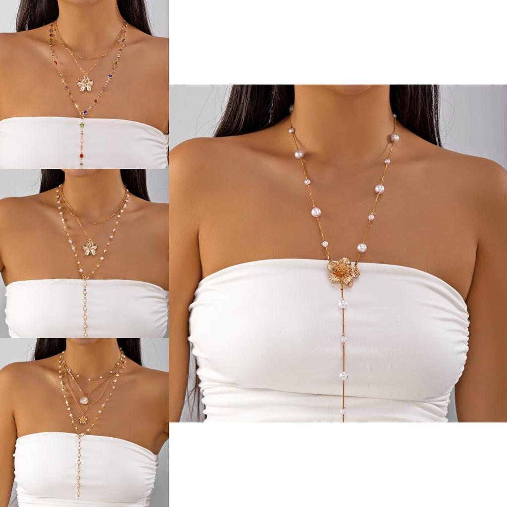 Fashion Flower Pendant Necklace For Women With Pearl Multilayer Chain Jewelry Gift For Teens