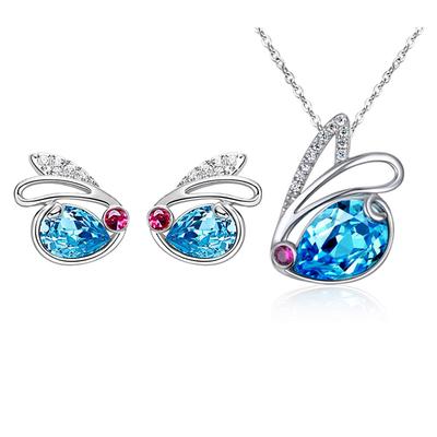 Cute Cute Rabbit Pendant Necklace Set Female Personality Rabbit Stud Earrings Blue Crystal Necklace