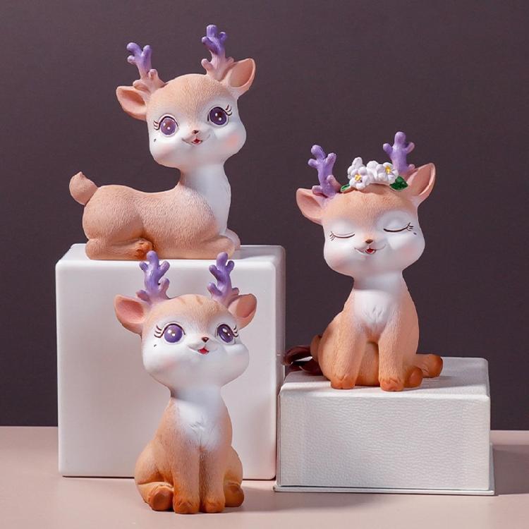 Mini Reindeer Statue Cartoon Fawn Elk Pattern Figurine Animal Cake Topper Desk