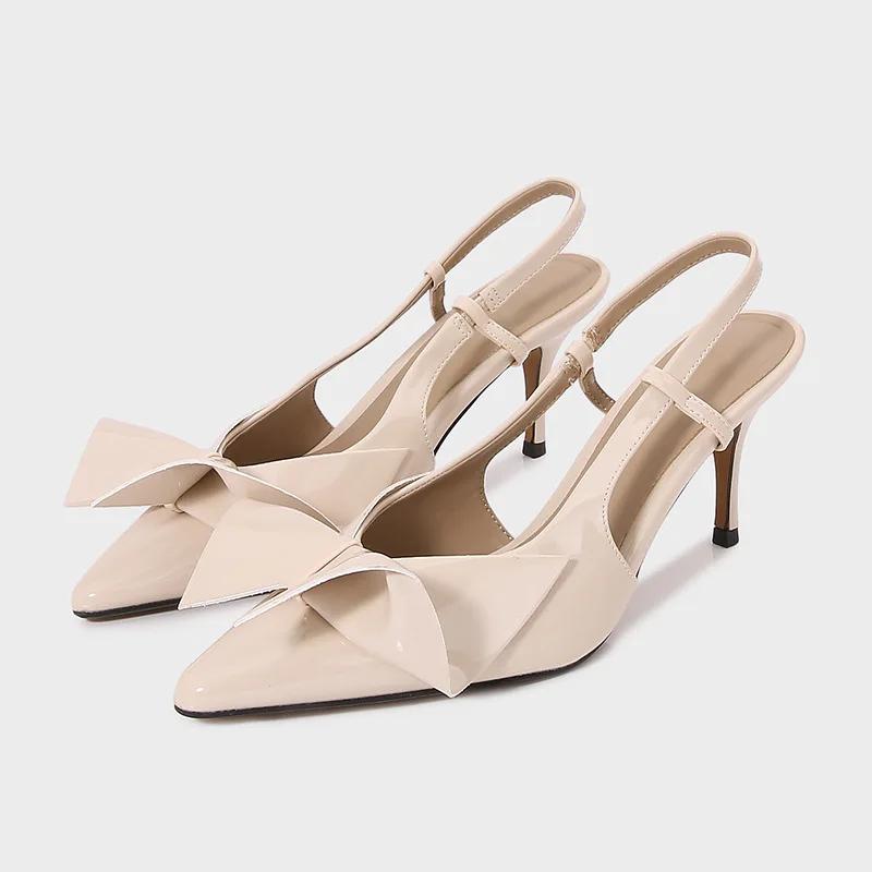 Fashion Sexy Pointed Toe Slingbacks Mules Heeled Sandals Women  Designer Beige Patent Leather Pumps Fashion Bow Party Shoes Office Heels