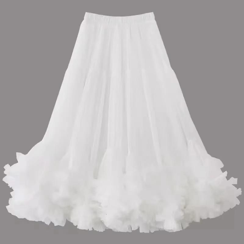 Super pendulum design sense fashion mesh skirt sweet fungus lace a word big pendulum skirt one size fits all белый