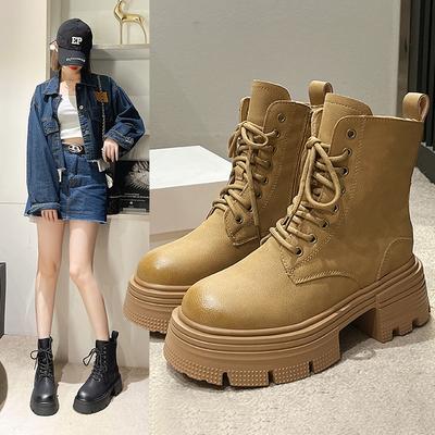 Muffin Platform Martin Boots Women's 2024 Autumn and Winter New British Style Lace-up Short Boots Thick Heel Thin Short Locomotive Boots
