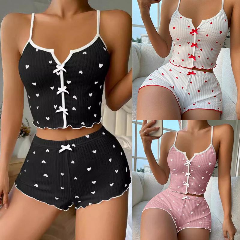 Set Sleepwear Women Pajamas Set Heart Print Soft Ribbed Fabric with Flirty Frill Trim Casual Cami Top and Short Set Loungewear