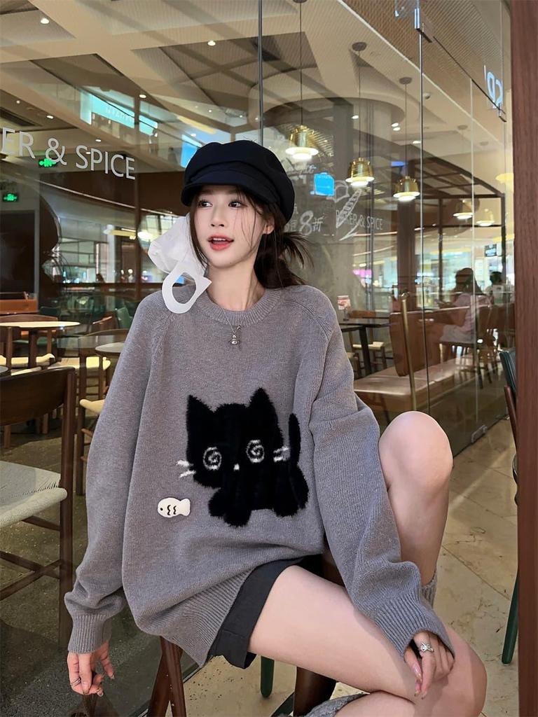Cartoon Kitten Long-Sleeve Sweater - 2024 Autumn/Winter Knit Top for Women