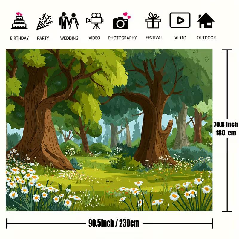 2D Cartoon Woodland Backdrop, Green Daisy Meadow Background for Baby Shower Decor