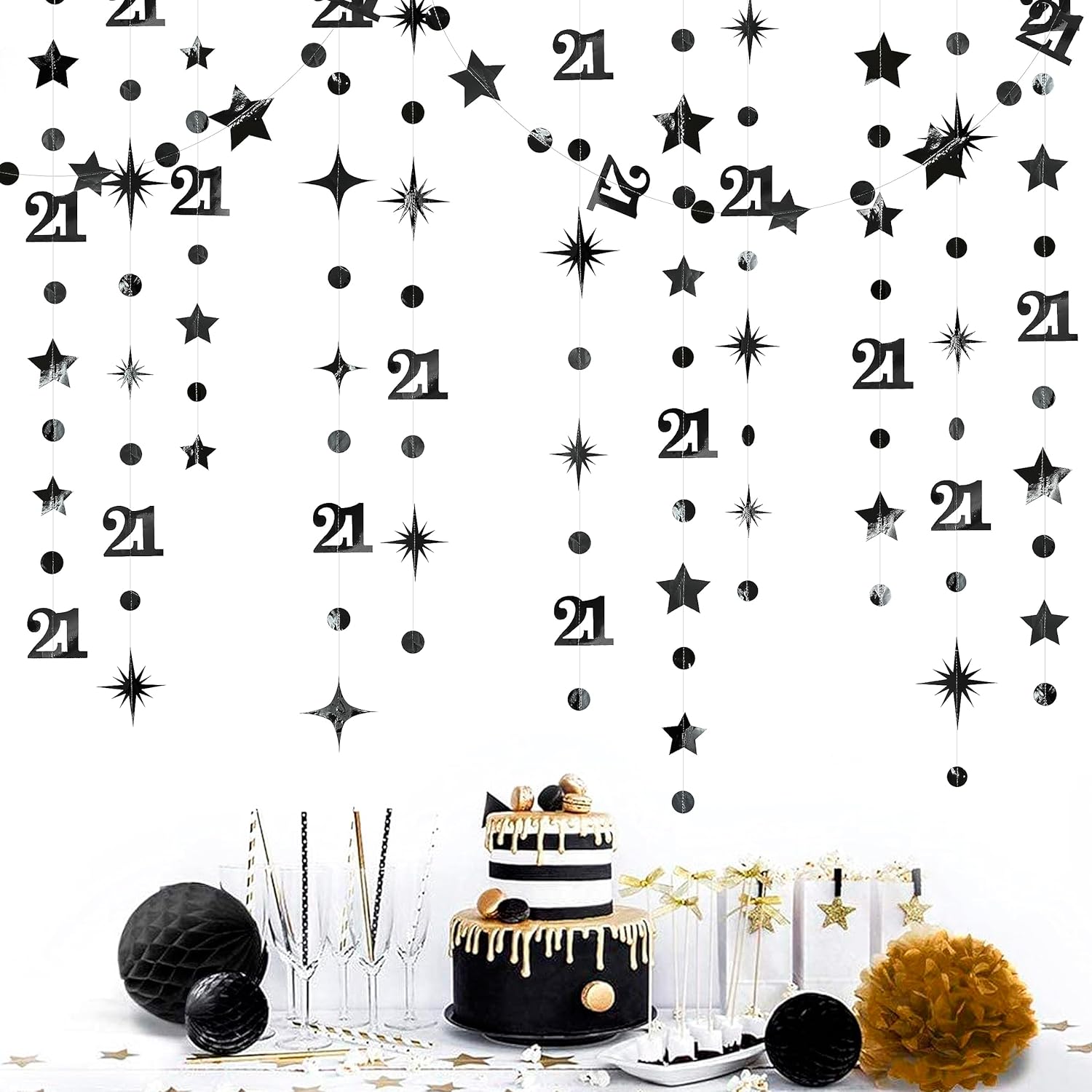 Black Number 21 Circle Dot Twinkle Star Garland Metallic Hanging Streamer Bunting Banner Backdrop Decoration for Girls Boys 21st Birthday Finally