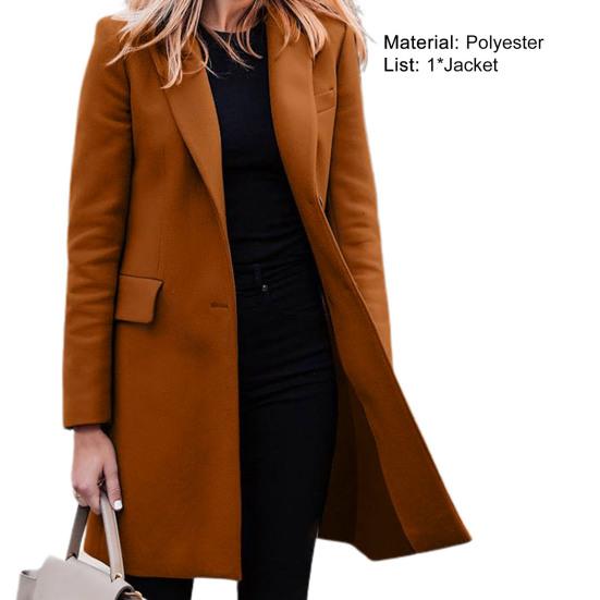 Women Jacket Solid Color Turn-down Collar Single-breasted Long Autumn Blazer for Work