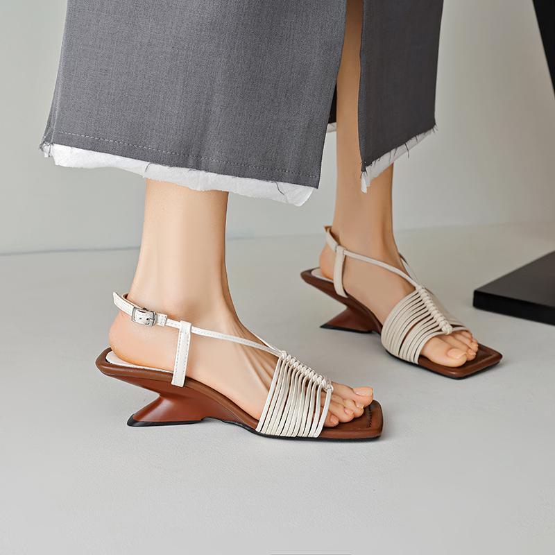New Summer Women Sandals Square Toe Strange Heel Shoes Split Leather Shoes for Women Narrow Band Handmade Shoes Modern Sandals